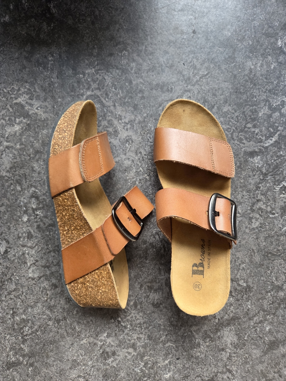 Browns Leather EUC Cassis Wedge Double Buckle Cork Slide Sandals Sz 39/ 8